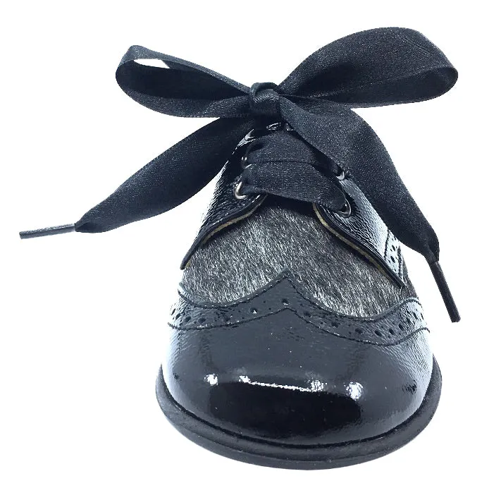 Andanines Boy's and Girl's Ribbon Tie Oxford, Black Patent/Black Poni