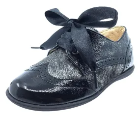 Andanines Boy's and Girl's Ribbon Tie Oxford, Black Patent/Black Poni