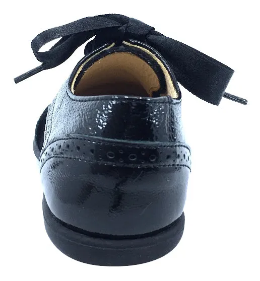 Andanines Boy's and Girl's Ribbon Tie Oxford, Black Patent/Black Velvet