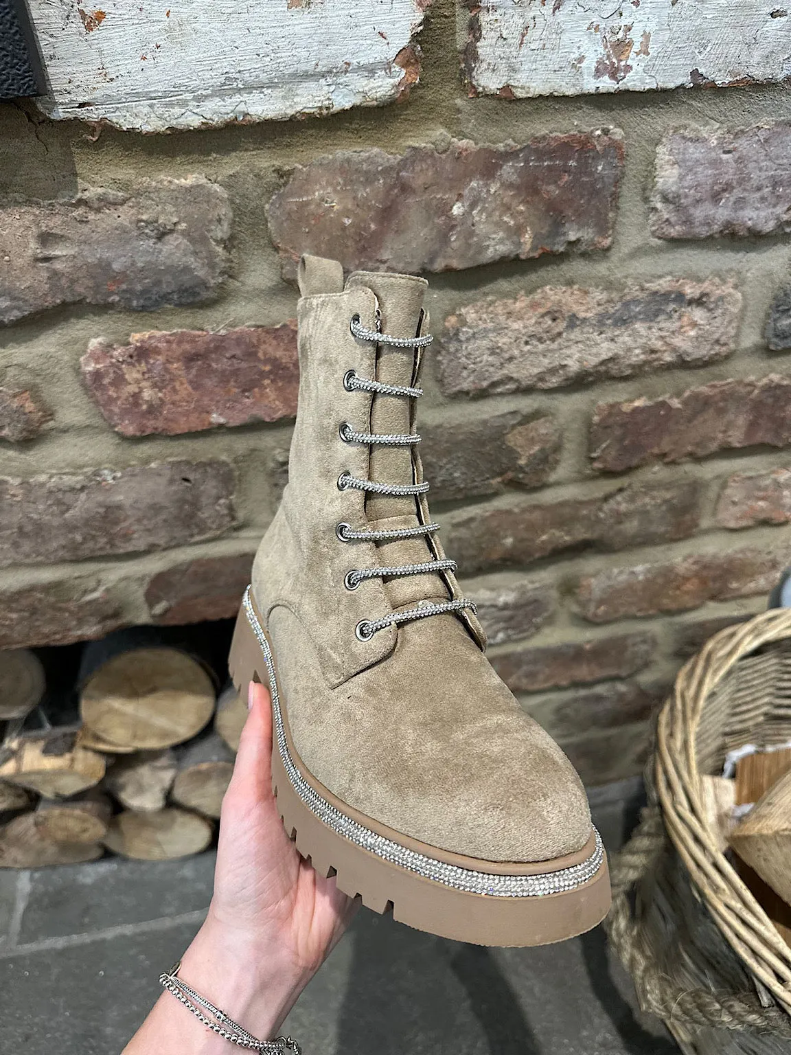 Beige Suede Style Diamante Boots