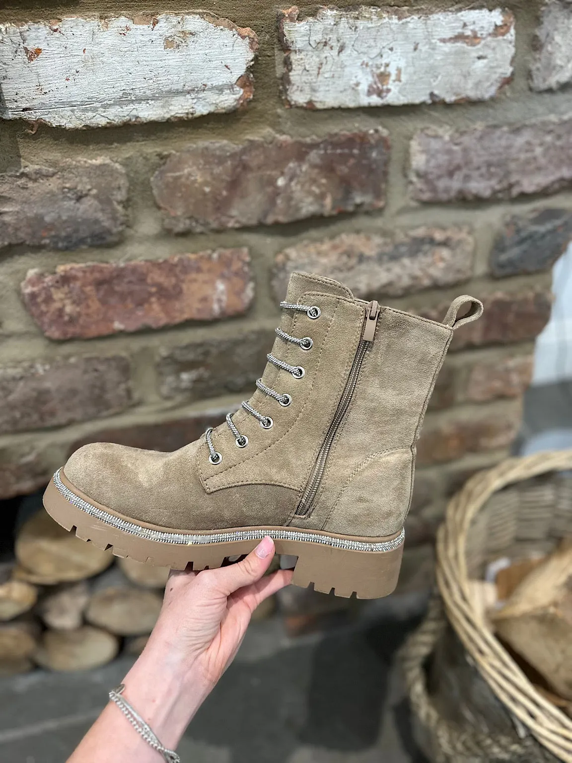 Beige Suede Style Diamante Boots