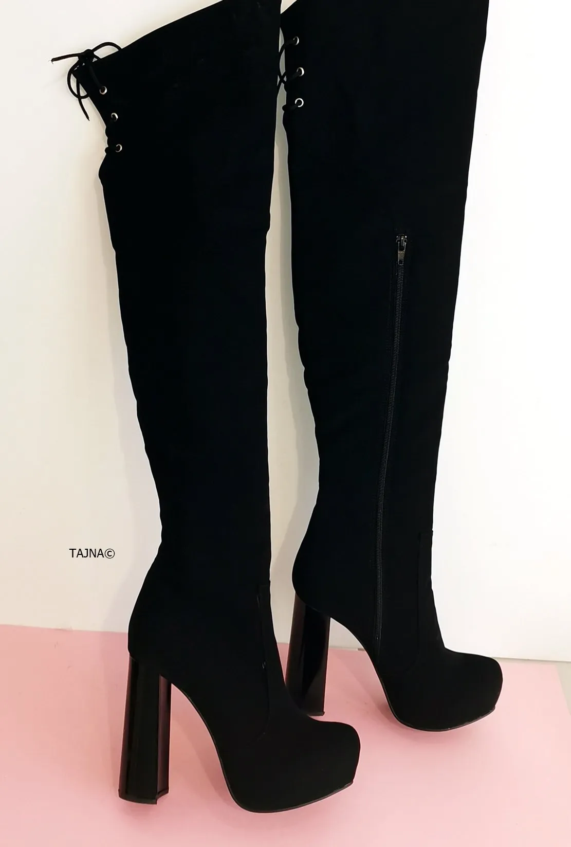 Black Suede Knee High 13 cm Chunky Heel Boots