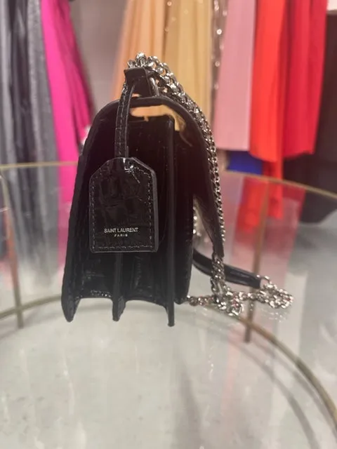 Brand New Saint Laurent Sunset Medium Black Shiny Croc Effect