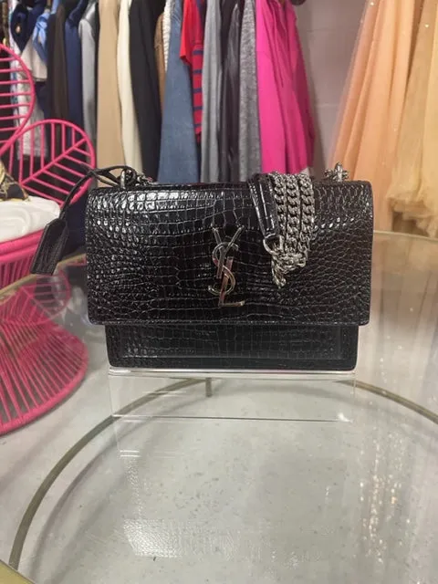 Brand New Saint Laurent Sunset Medium Black Shiny Croc Effect