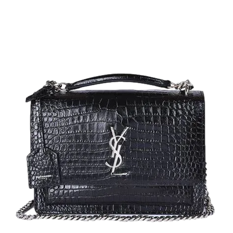 Brand New Saint Laurent Sunset Medium Black Shiny Croc Effect