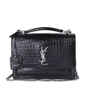 Brand New Saint Laurent Sunset Medium Black Shiny Croc Effect