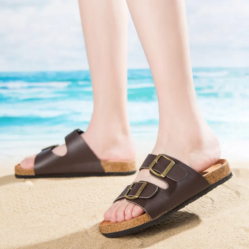 Double buckle flip flop cork slippers