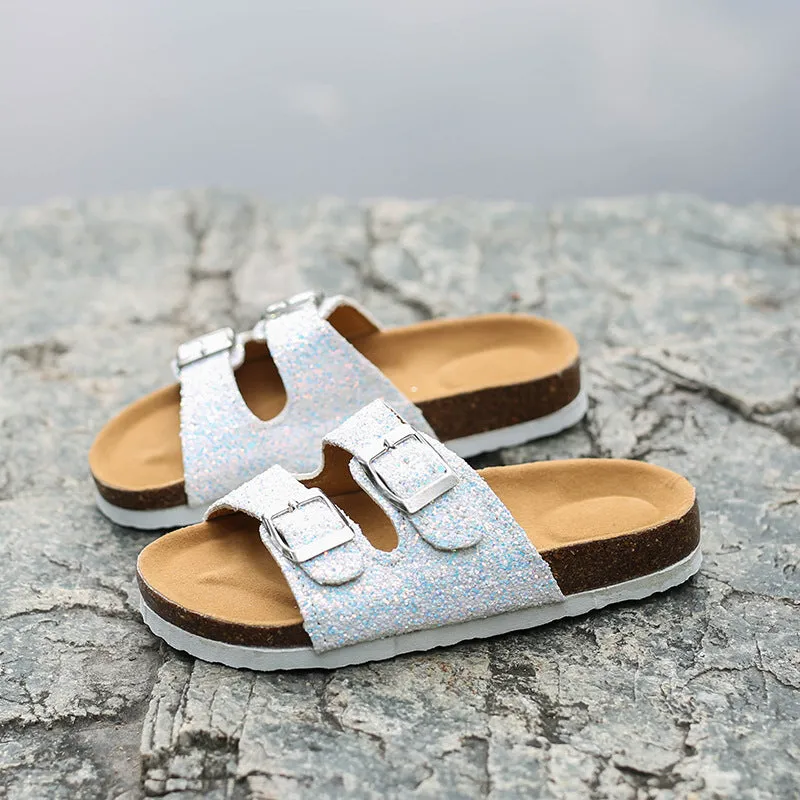 Double buckle flip flop cork slippers