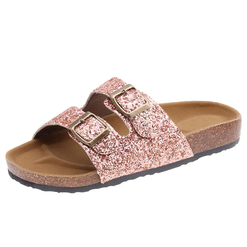 Double buckle flip flop cork slippers