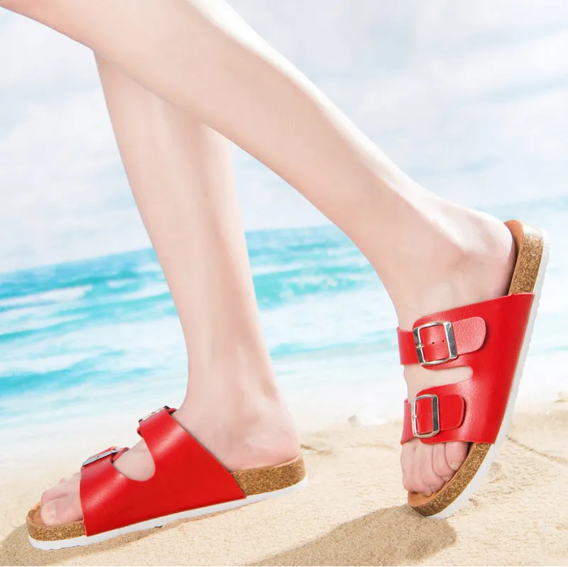 Double buckle flip flop cork slippers