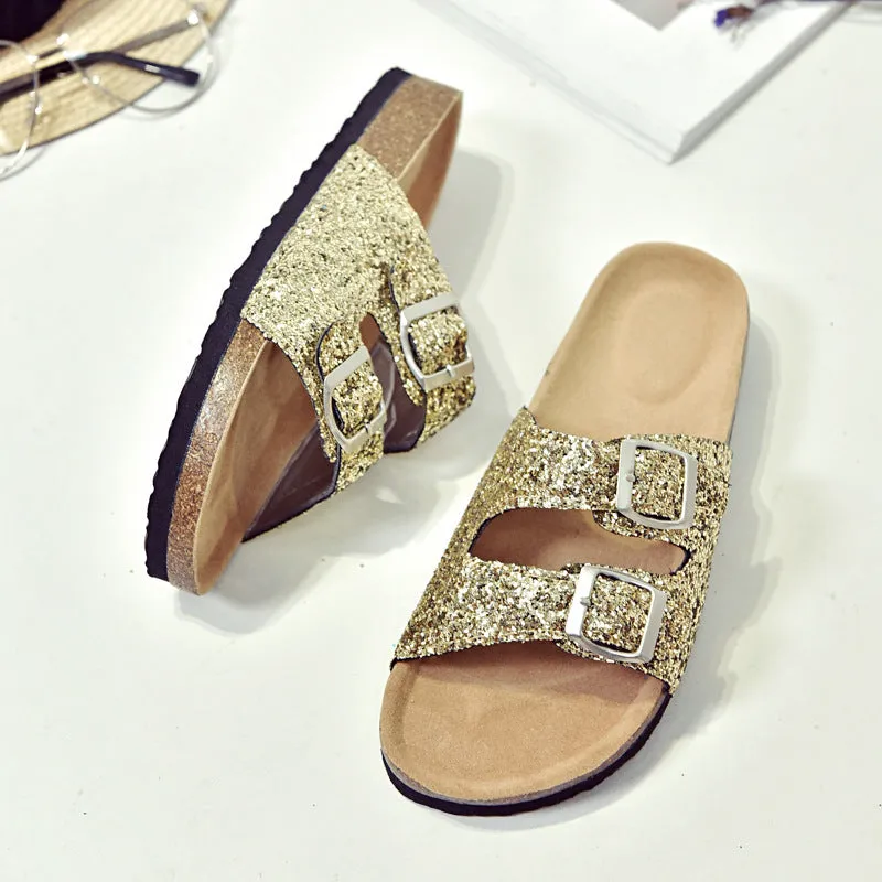 Double buckle flip flop cork slippers