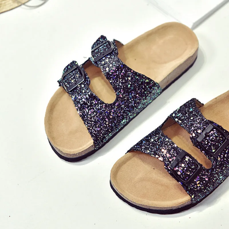 Double buckle flip flop cork slippers