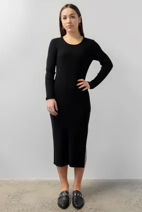 Dynamic Black LS Rib Knit Crew Neck Midi Dress