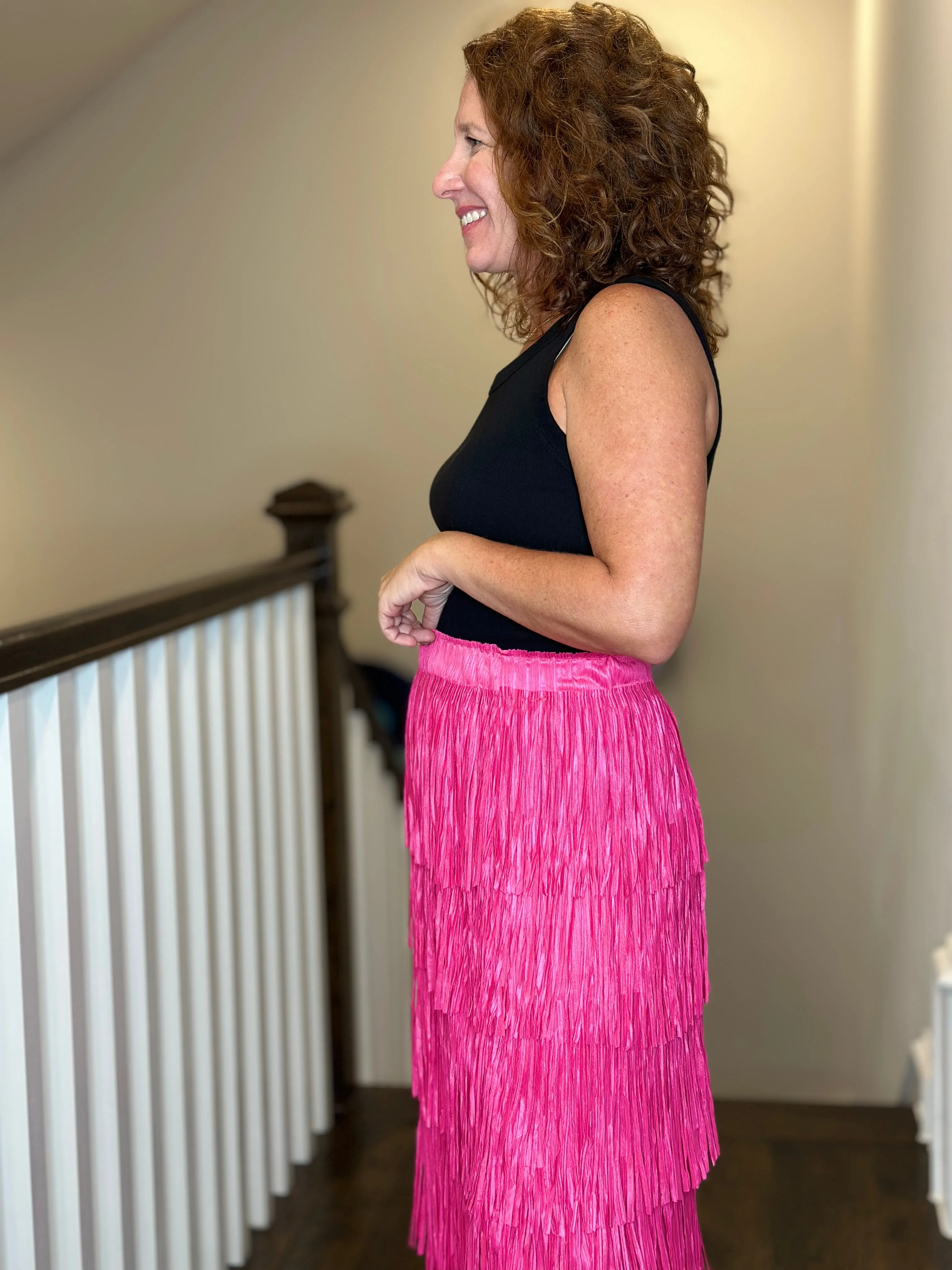 Fringe Pencil Skirt in Hot Pink