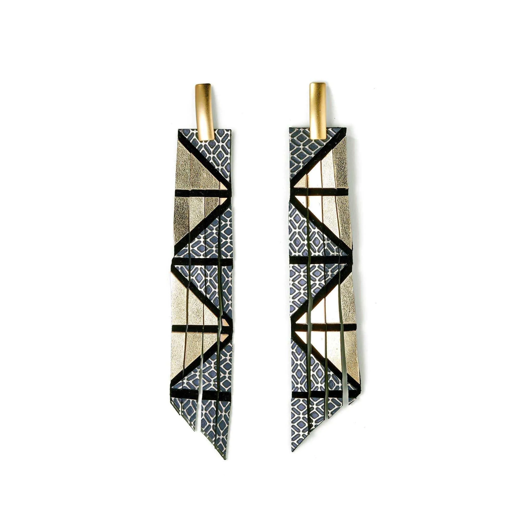 Geo gold long geometric leather earrings