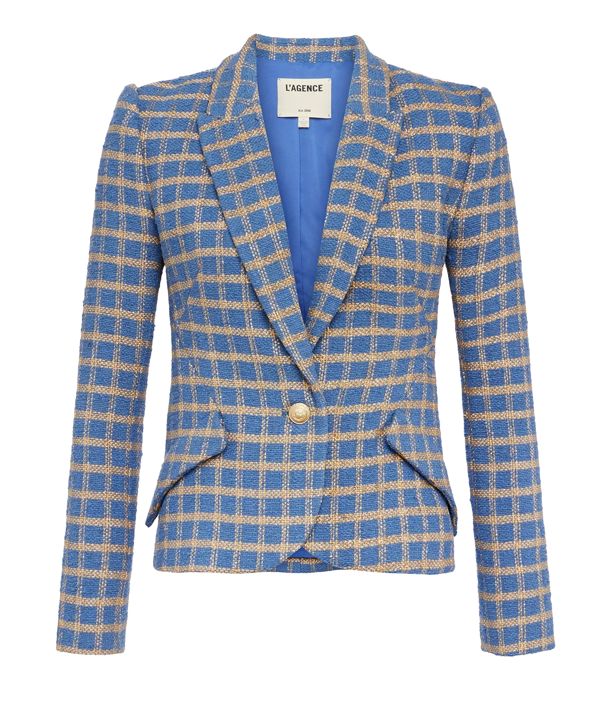 Jennah Cropped Blazer in Blue Horizon & Gold Plaid