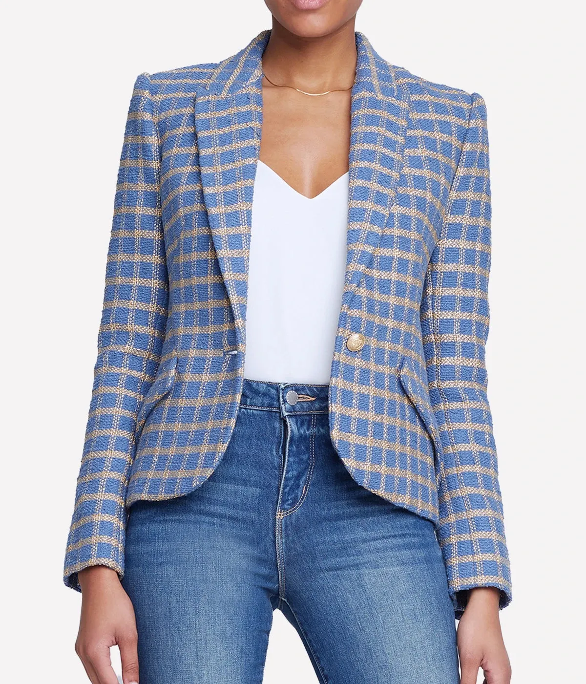 Jennah Cropped Blazer in Blue Horizon & Gold Plaid