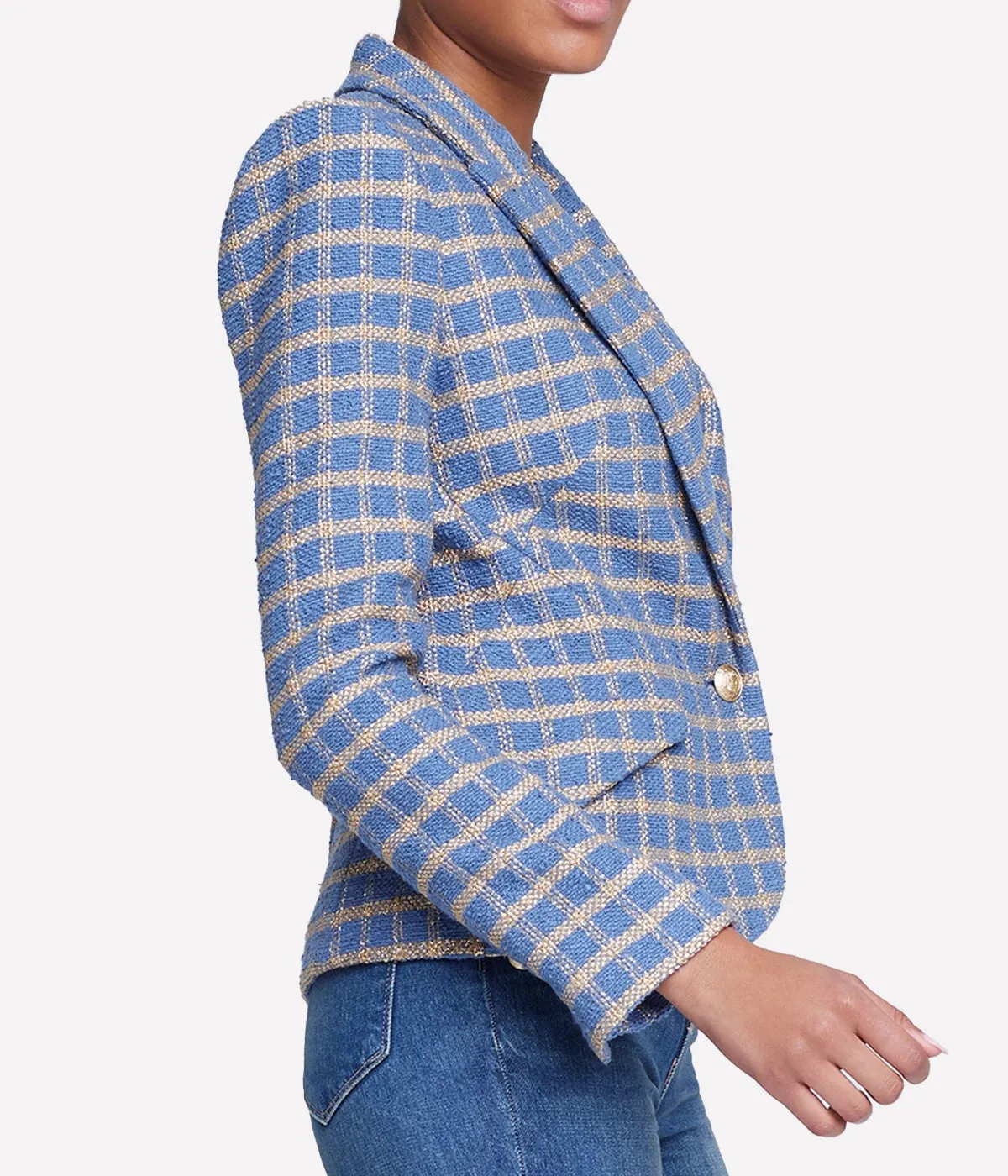 Jennah Cropped Blazer in Blue Horizon & Gold Plaid