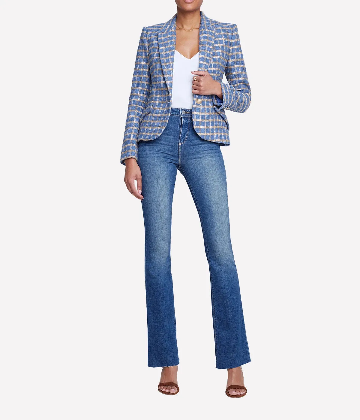 Jennah Cropped Blazer in Blue Horizon & Gold Plaid