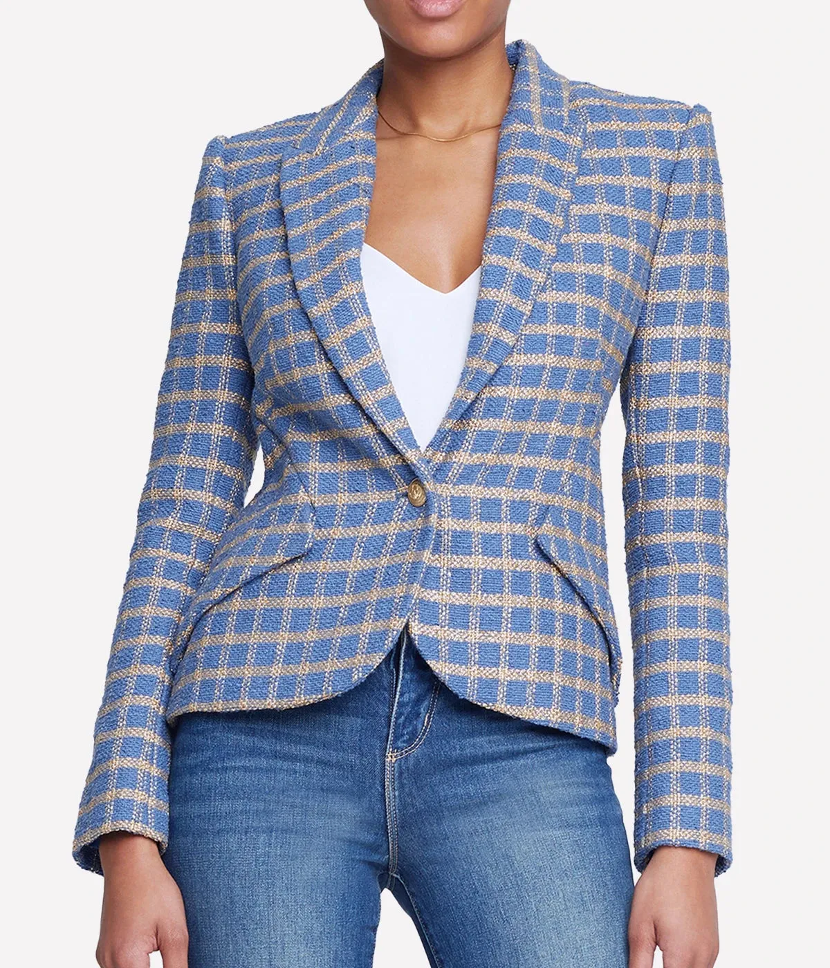 Jennah Cropped Blazer in Blue Horizon & Gold Plaid