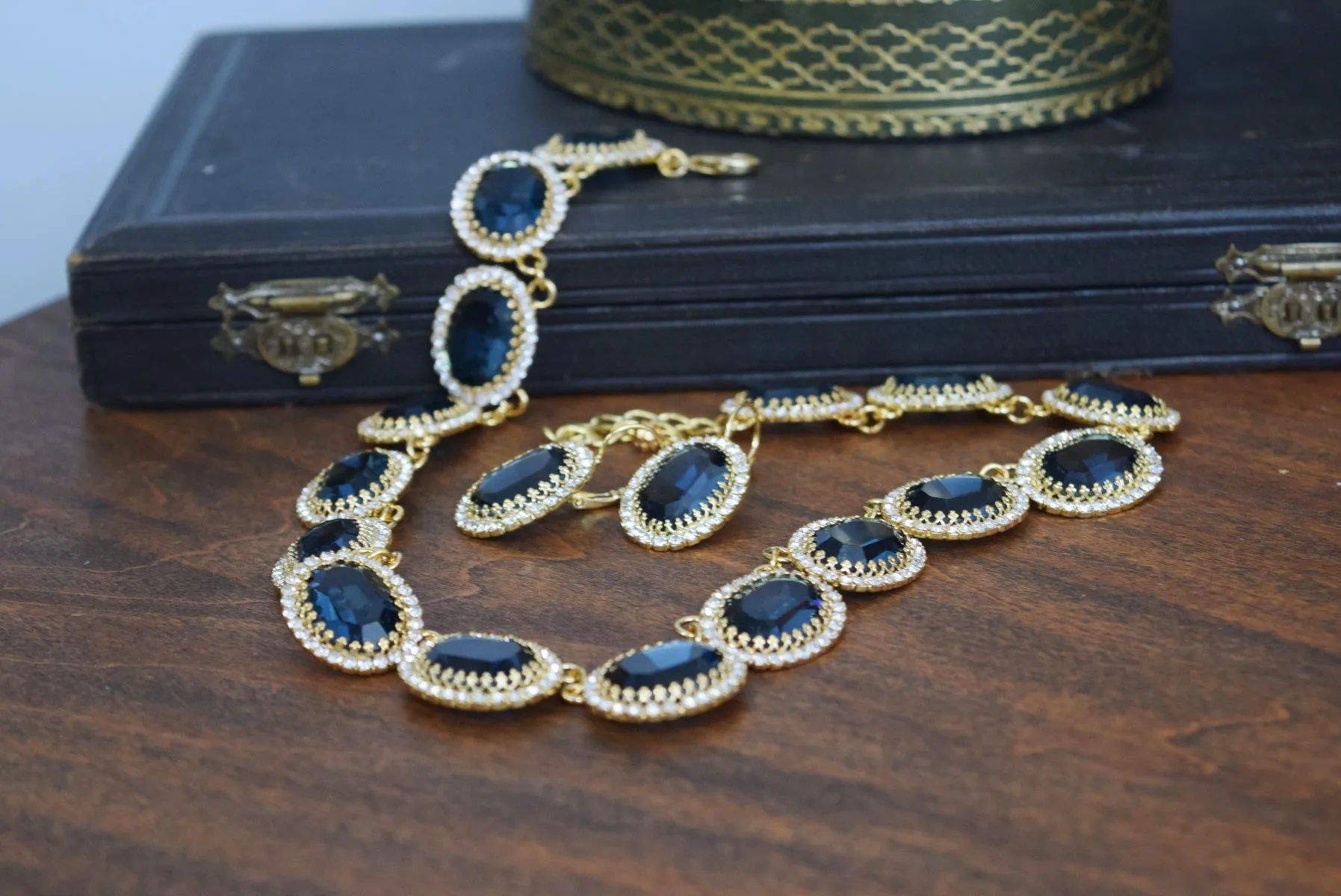 Navy Blue Swarovski Crystal Halo Rivere Necklace - Large Oval