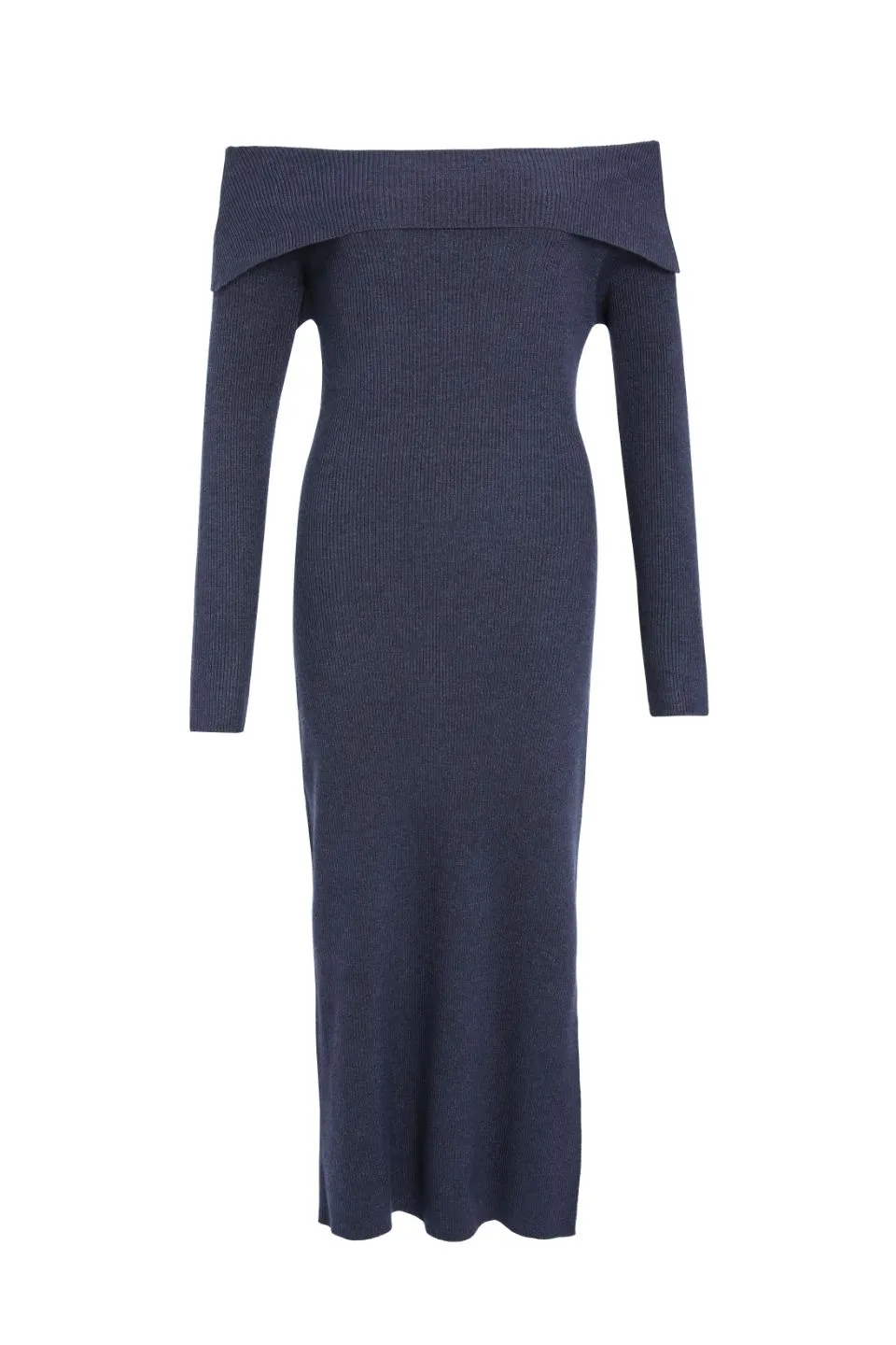 Sophie Navy Marle Off Shoulder Rib Knit Midi Dress