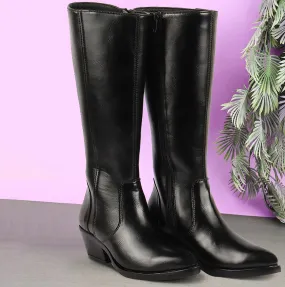 Women Black Knee Length Side Zipper Closure Pointed Toe Flared Heel Boots