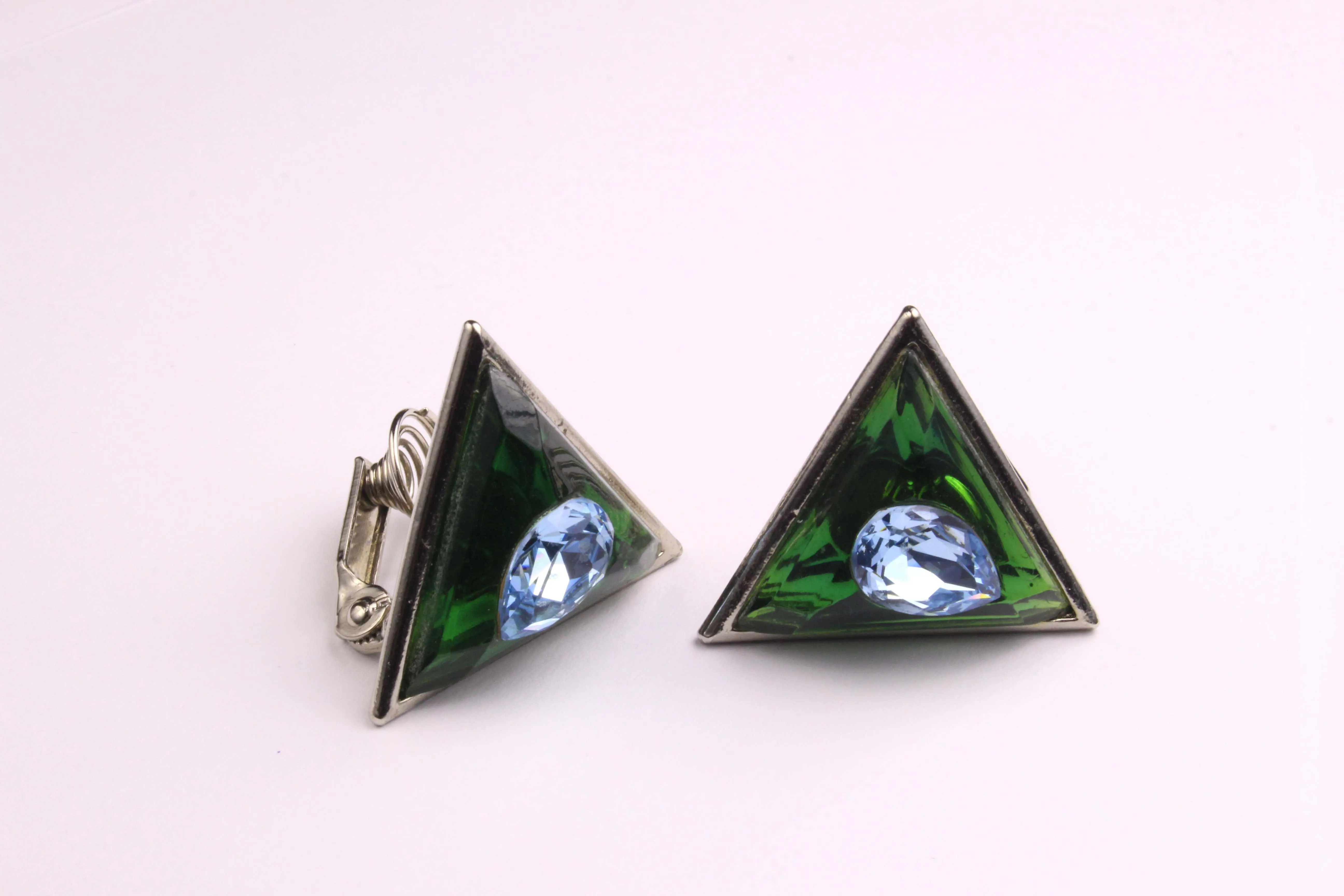 YVES SAINT LAURENT green and blue triangular earrings