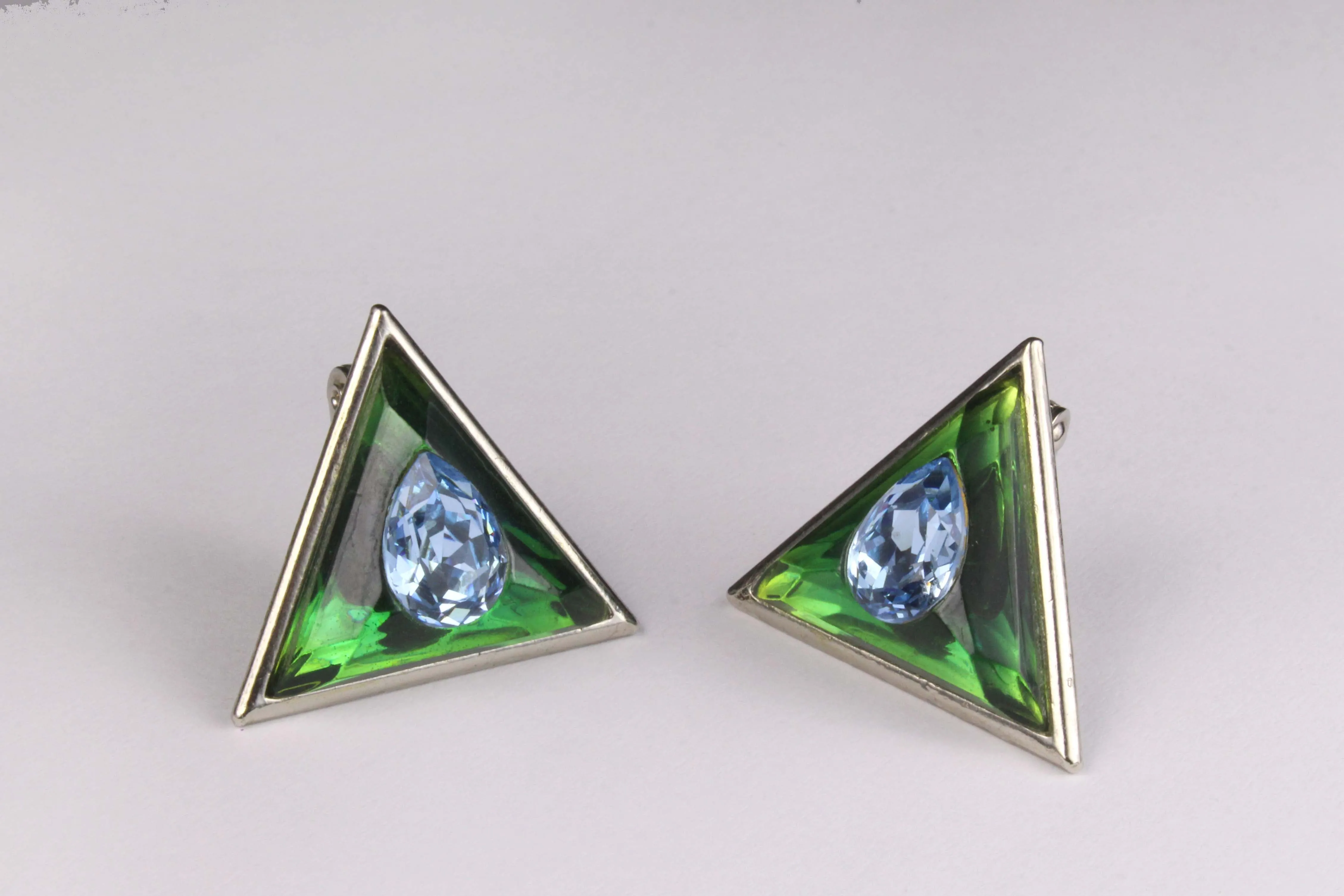 YVES SAINT LAURENT green and blue triangular earrings