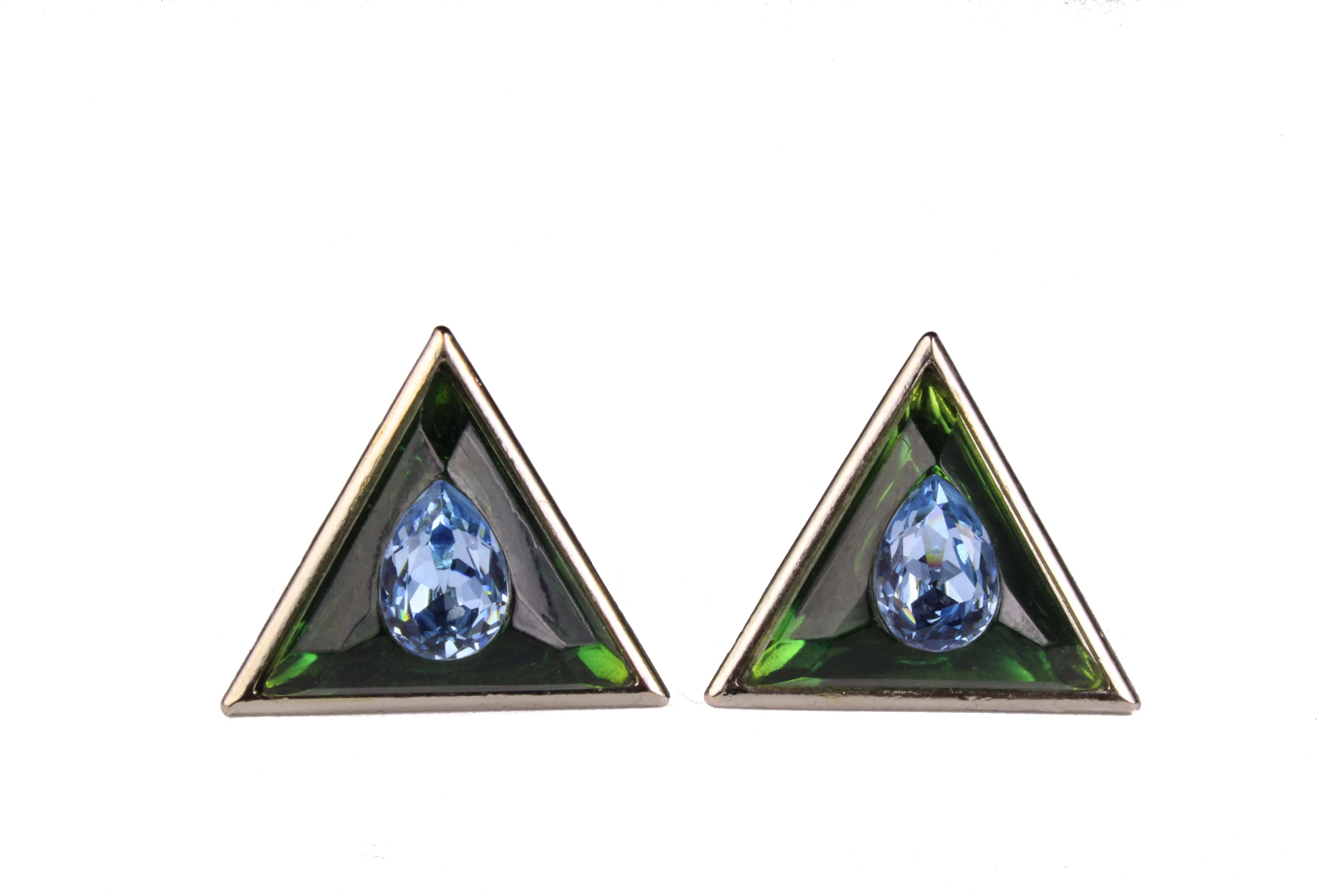 YVES SAINT LAURENT green and blue triangular earrings