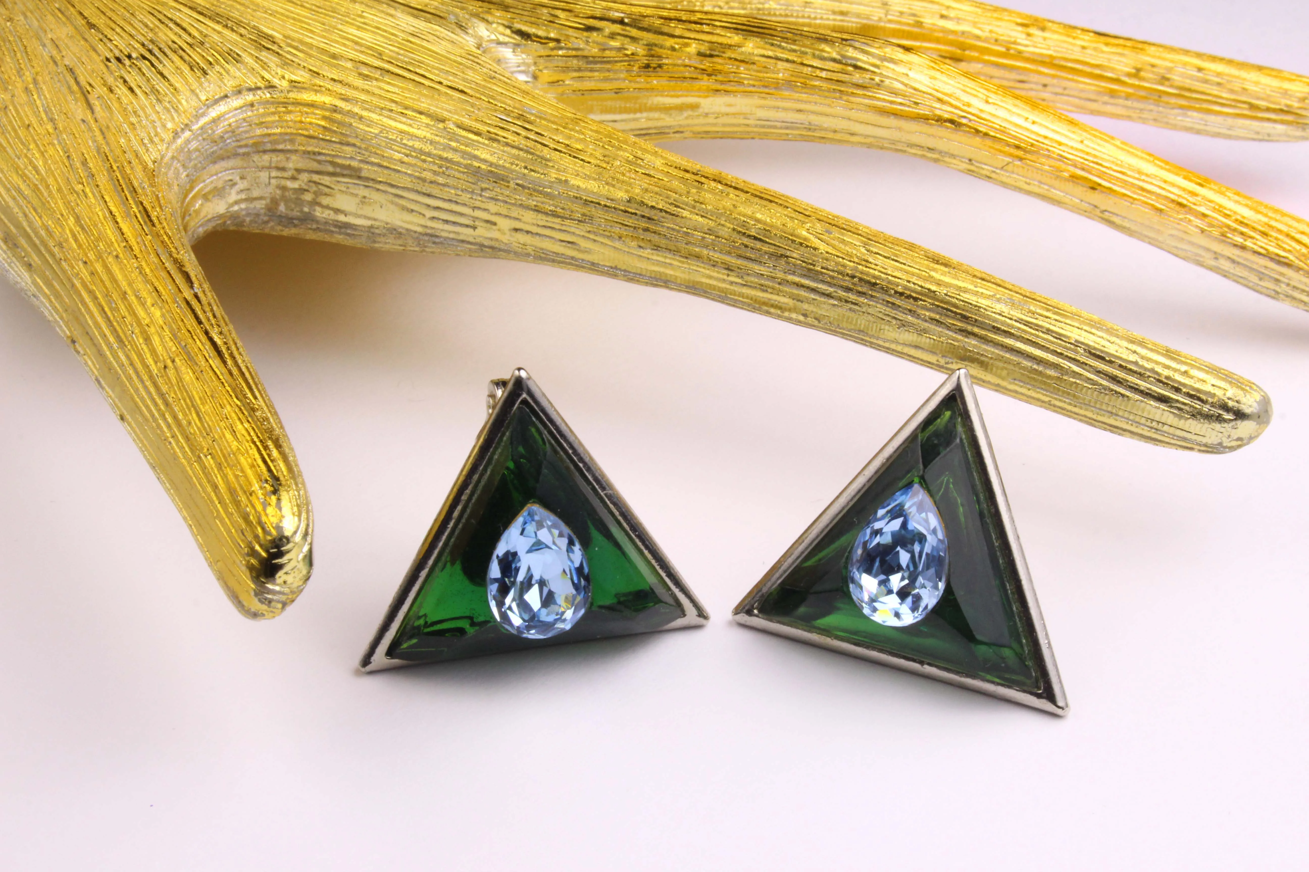 YVES SAINT LAURENT green and blue triangular earrings