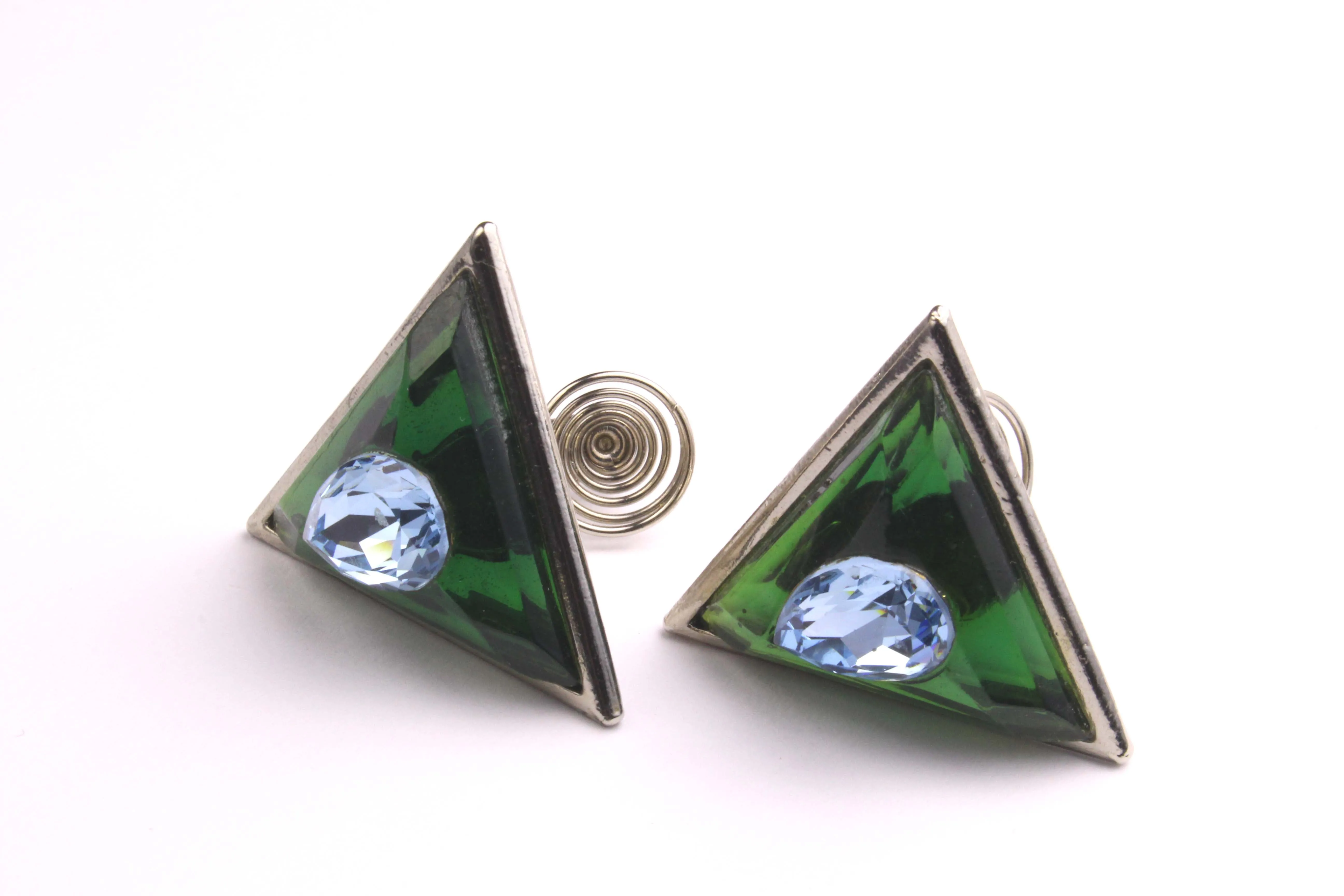 YVES SAINT LAURENT green and blue triangular earrings