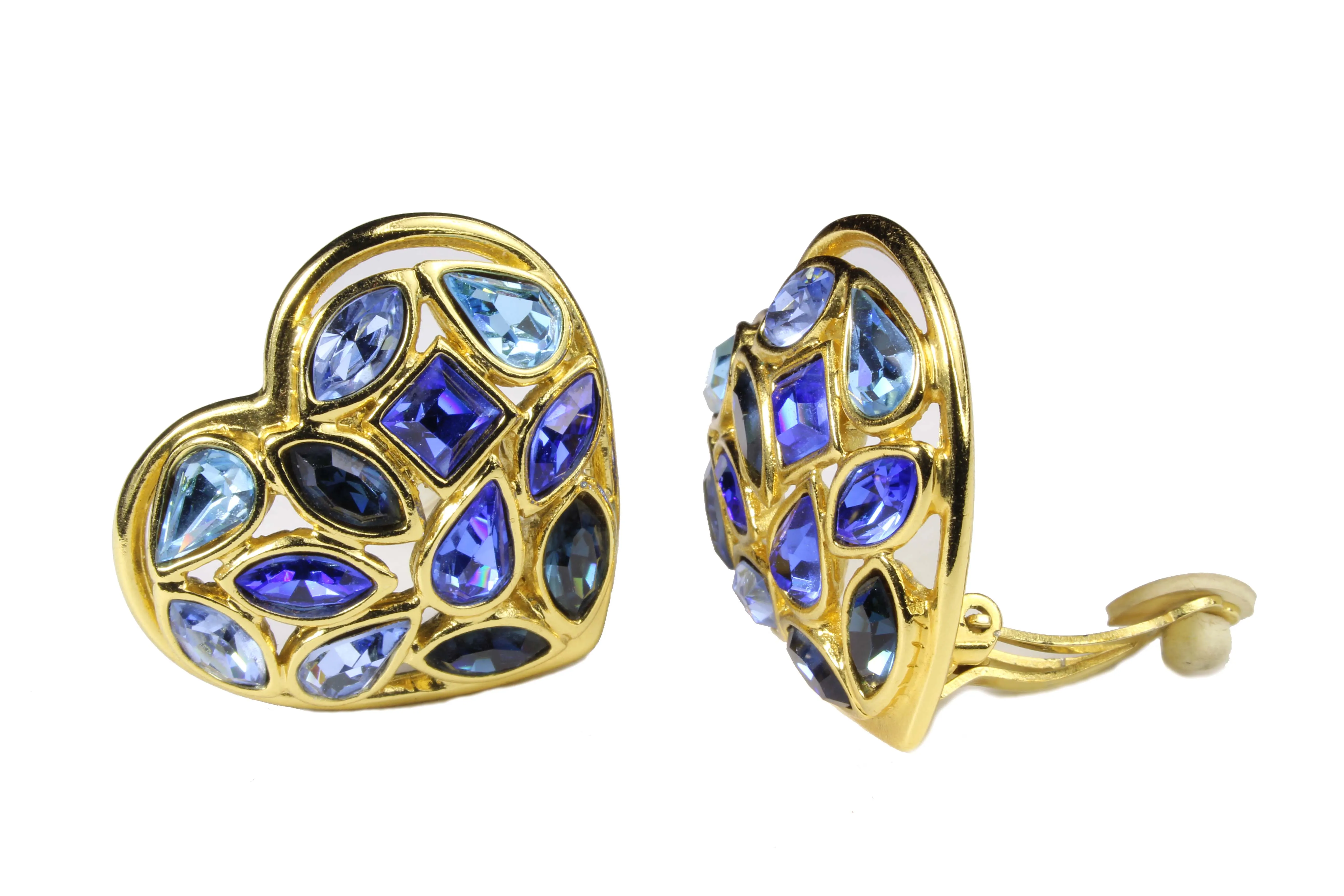 YVES SAINT LAURENT heart blue rhinestones earrings