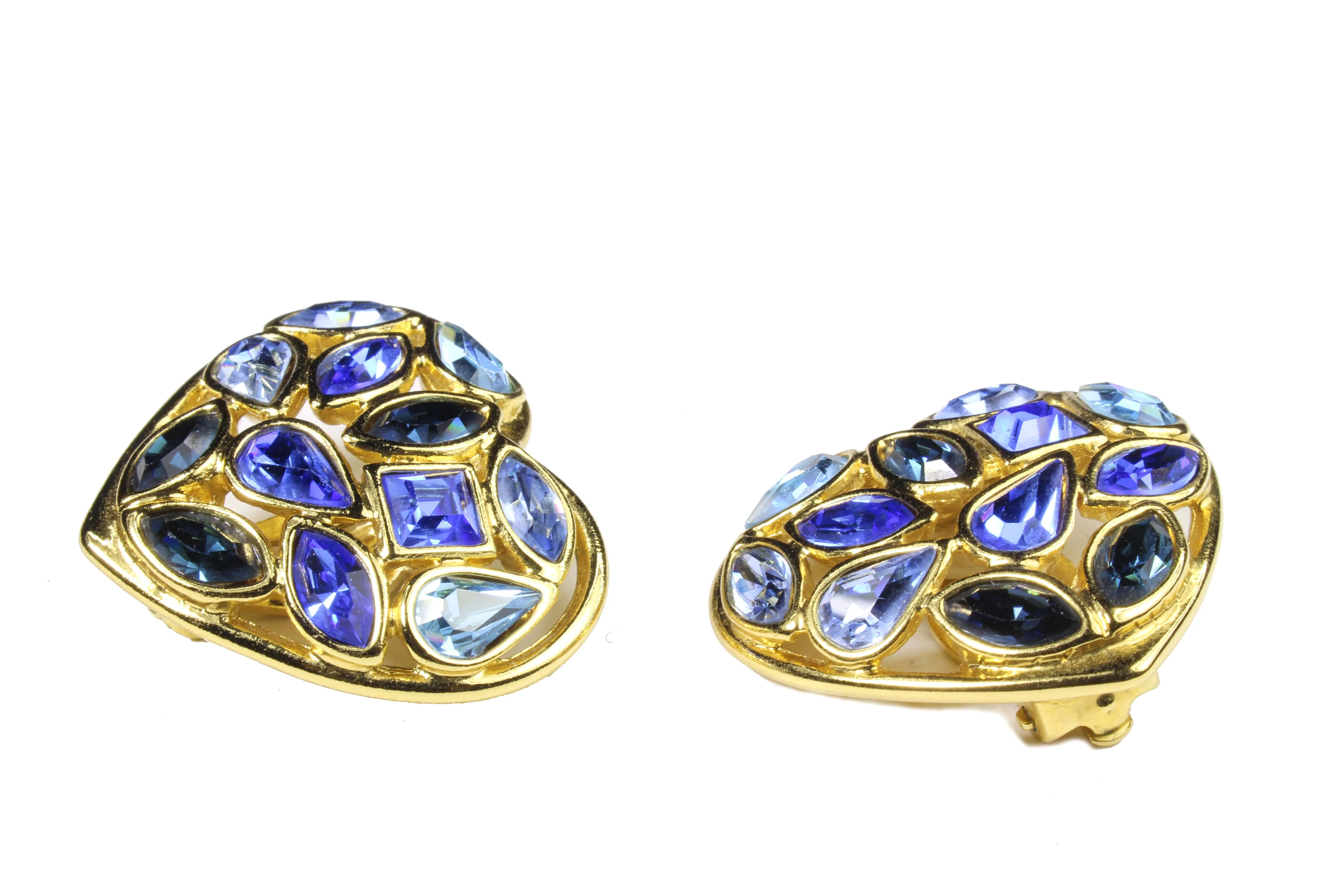 YVES SAINT LAURENT heart blue rhinestones earrings