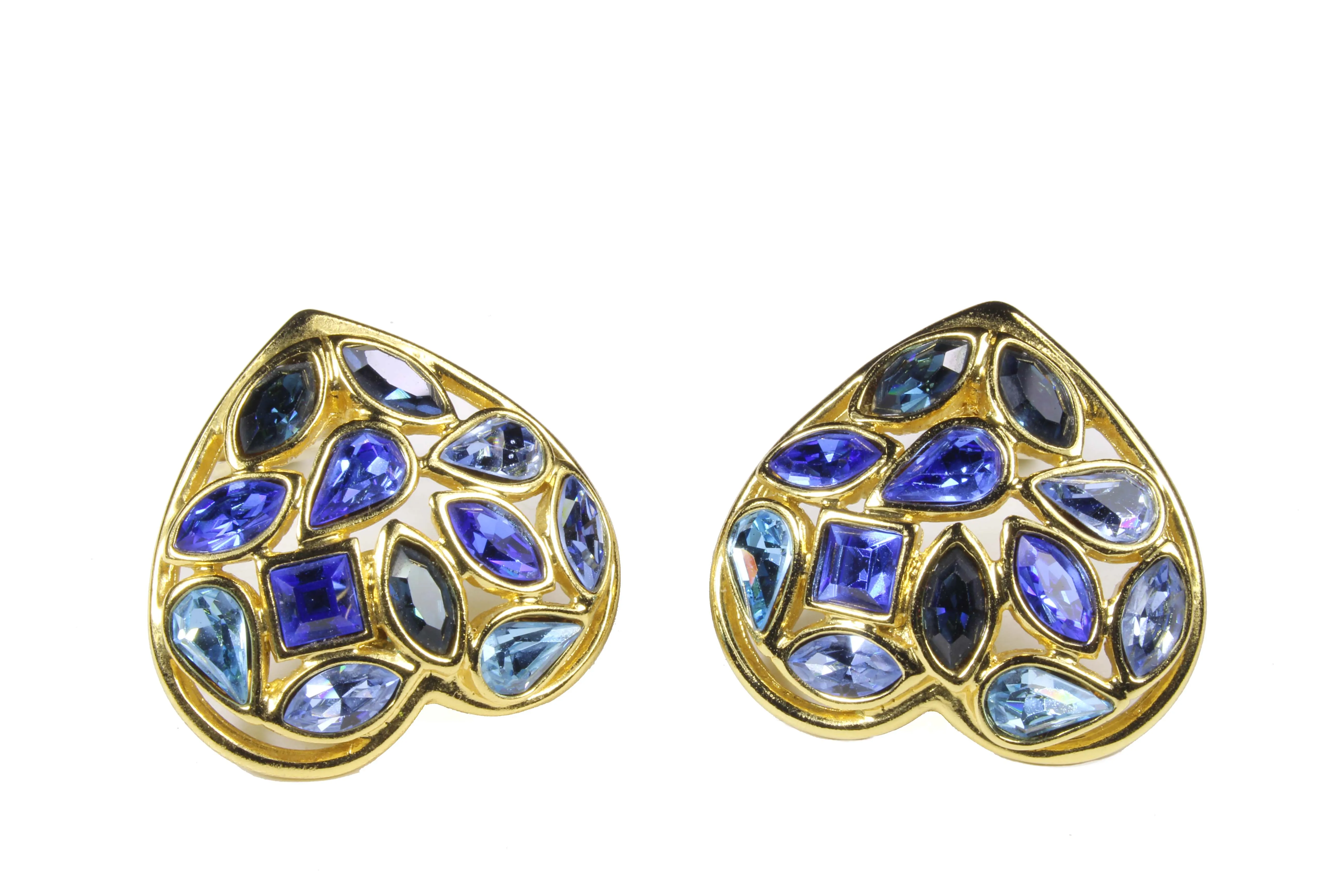 YVES SAINT LAURENT heart blue rhinestones earrings