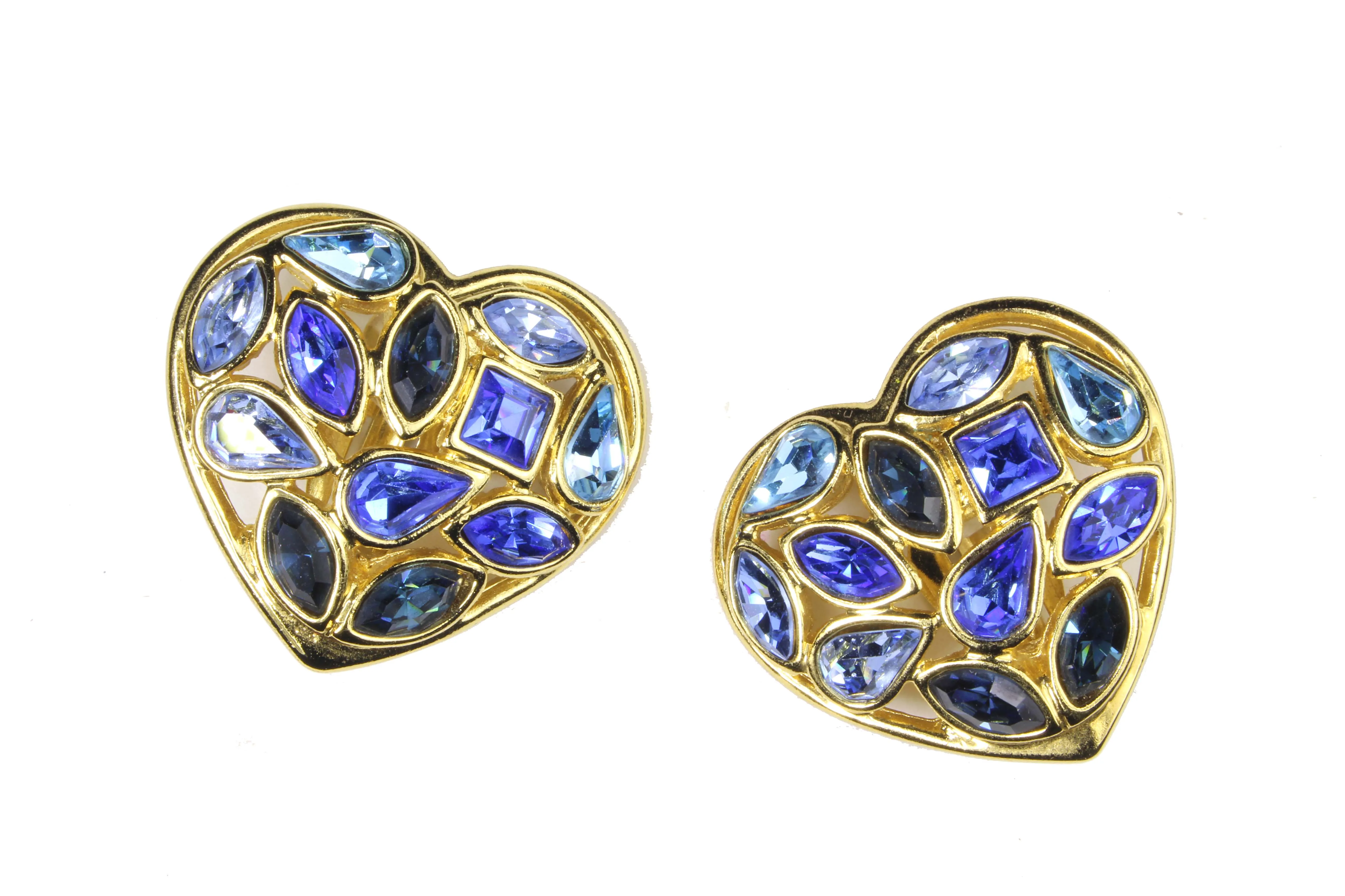 YVES SAINT LAURENT heart blue rhinestones earrings